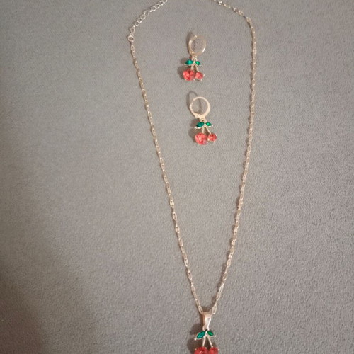 Cherry necklace and earrings set new, red and gold tone