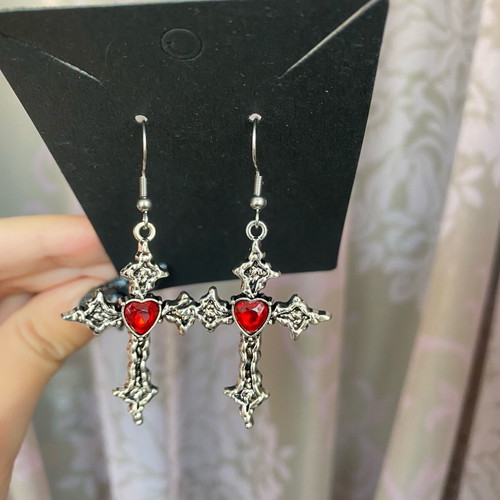 Red Gothic Cross Earrings New with Steel Hooks
