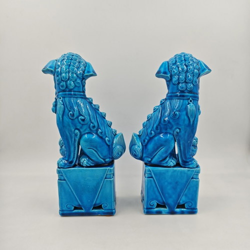 Vintage Chinese Turquoise Blue Porcelain Foo Dogs set used