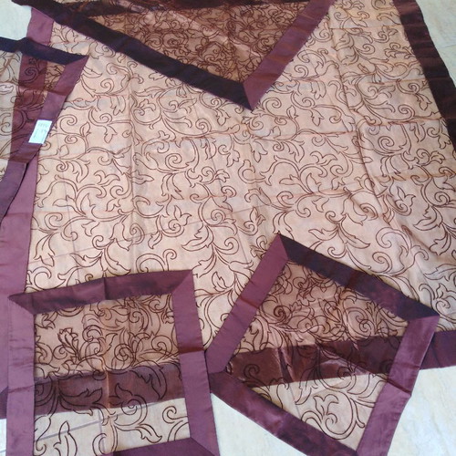 Tablecloth set of five pieces iridescent dark brown, silk organza with embossed flowers and border