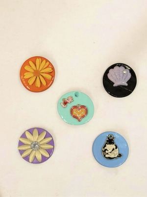 Fridge magnets new, clay with fabric and metal decorations