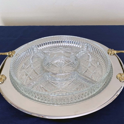 Crystal nut bowl 5 sections like new with Inox 18/10 tray and 24K handles
