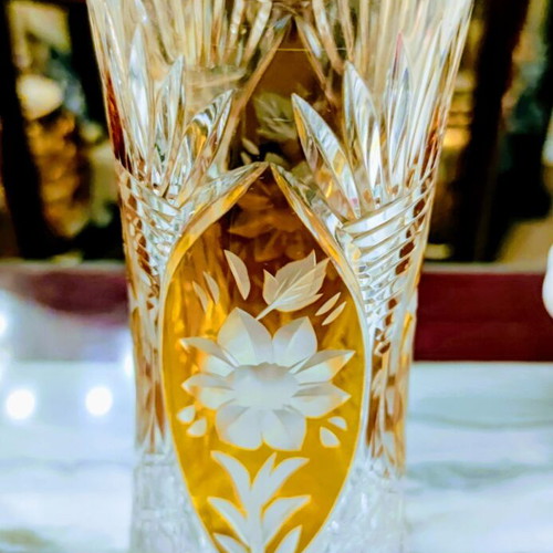 Bohemian Crystal Vase hand-cut with carved flowers, like new