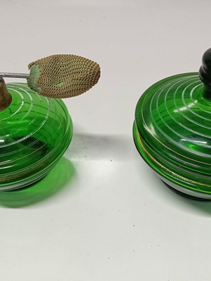 Vintage green glass perfume set used