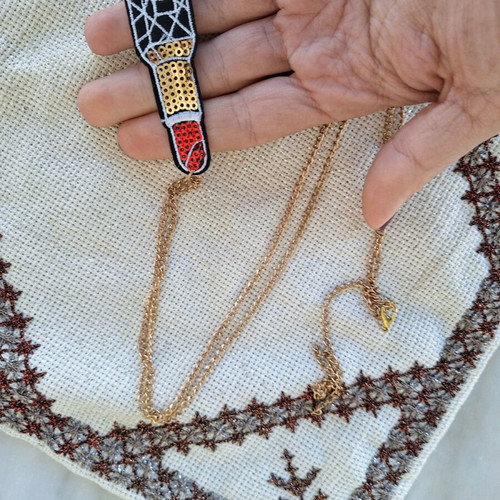Long necklace red lipstick with chain made to order