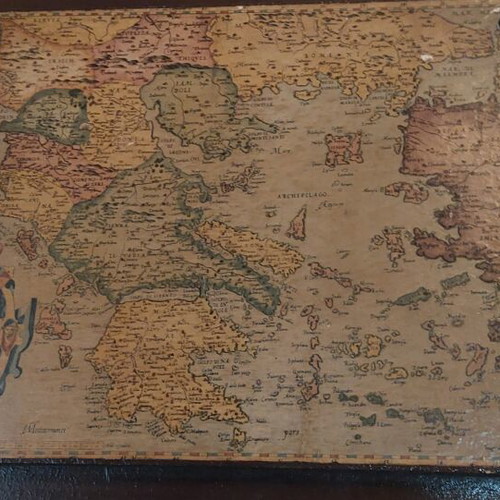 Wooden vintage board used with decorative map of Europe