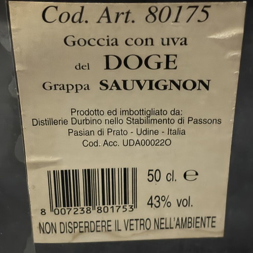 Grappa dei Dogi Sauvignon collectible bottle 500ml like new