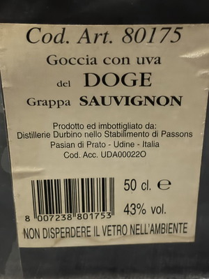 Grappa dei Dogi Sauvignon collectible bottle 500ml like new
