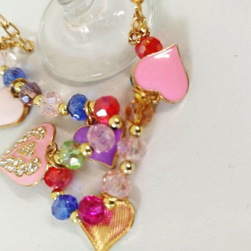 Girly cute necklace with pink enamel hearts and crystals new