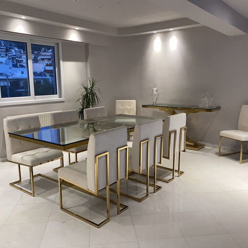 Elegant custom-made dining room set with glass table and 8 chairs