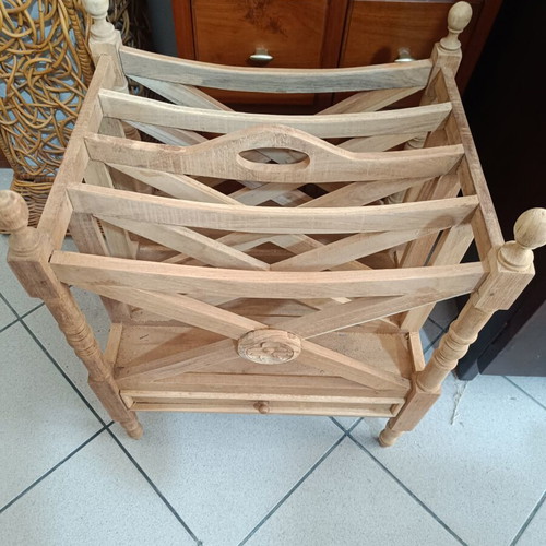 Wooden vintage newspaper holder with drawer used, classic design