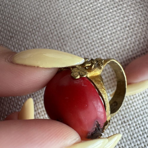 Silver 925 ring with authentic coral, vintage handmade no 55