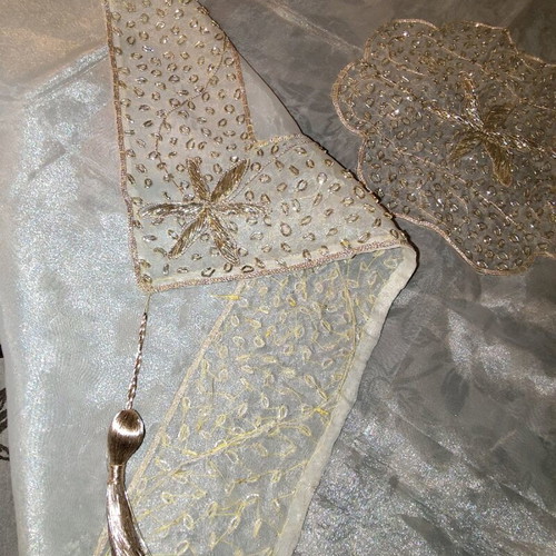 Tablecloth used, gold organza silk from India hand embroidered