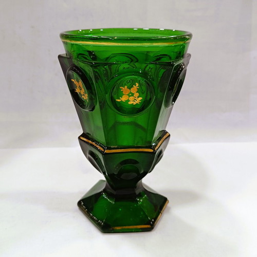 Rare Biedermeier Crystal Glass emerald like new with gold decoration