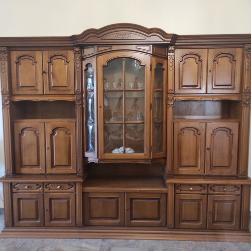 Classic walnut wood composition with display cabinet and lighting