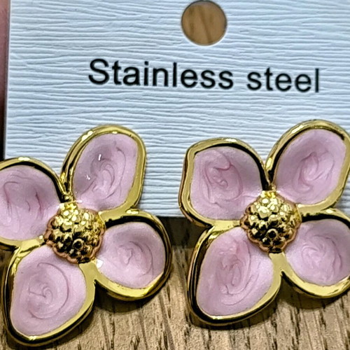 Flower earrings new stainless steel pink/gold