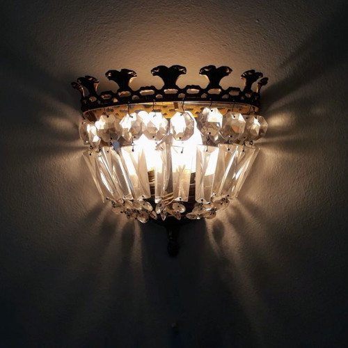 Crystal wall lights used with carved bronze frame, pair