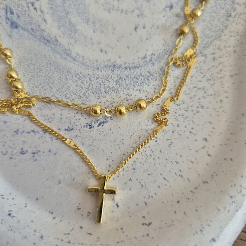 Gold double rosary-style necklace with cross, stainless steel