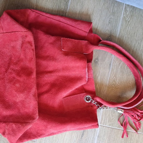 Red suede leather tote bag with tassel fringe, shoulder style