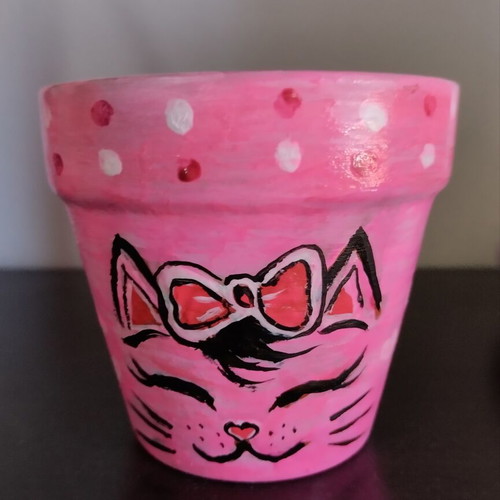 Clay flowerpot with handmade cat painting, new
