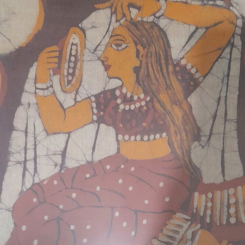Indian batik used with girl combing hair, bathroom decoration