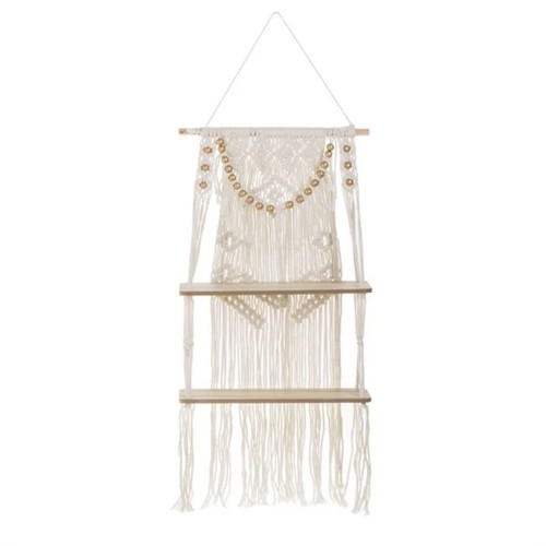 Decorative hanging wooden shelf with macrame design, 2 tiers