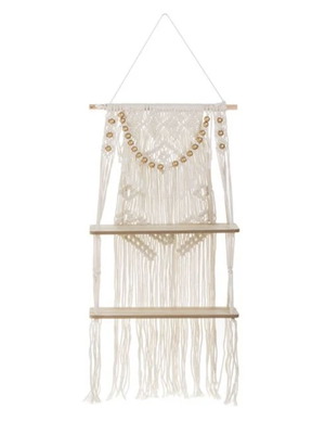Decorative hanging wooden shelf with macrame design, 2 tiers