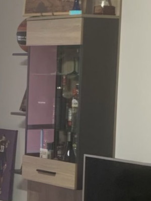 Wall bar with three glass shelves and internal spot lighting, like new, wood
