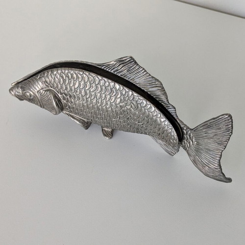 Vintage silver-tone metal fish napkin holder used, 23 x 10 cm