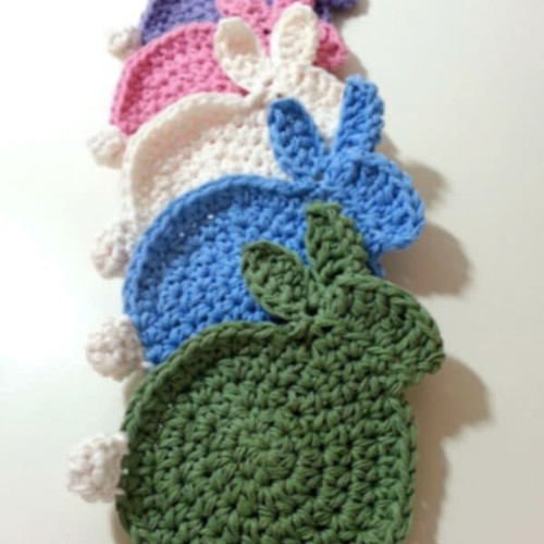 Handmade crocheted bunny coasters in various colors