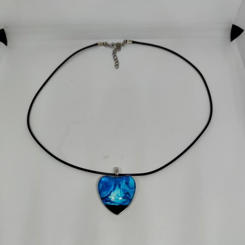 Handmade Heart Necklace with Blue Liquid Glass and Black Cord like new