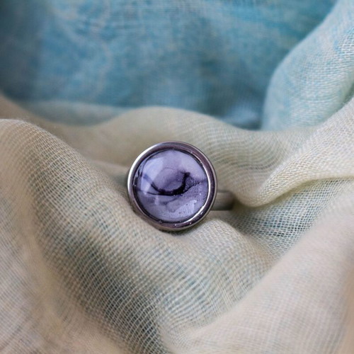 Artisan ring new with alcohol ink and epoxy resin, stainless steel base