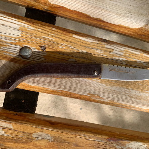Large handmade folding knife with engraved name used