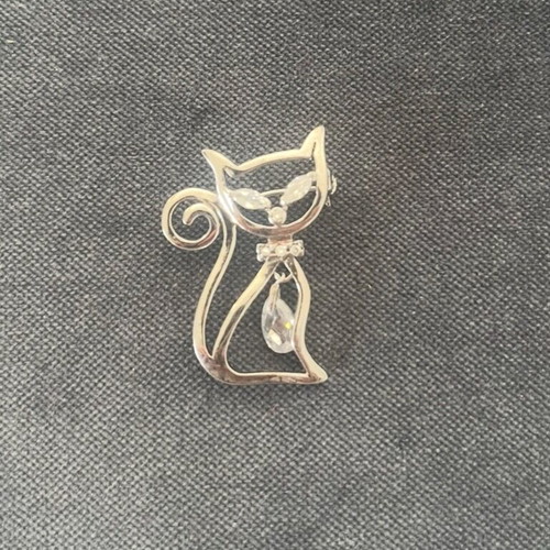 Silver Cat Brooch with Crystals like new