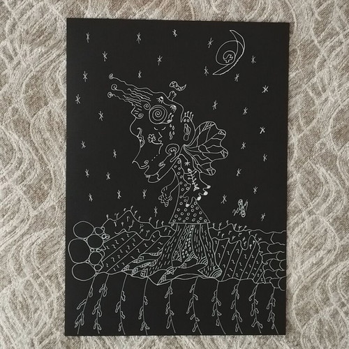 Handmade artwork The Fairy of the Strange Night in white ink