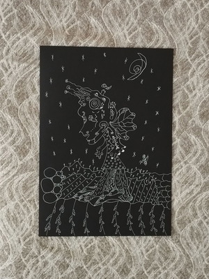 Handmade artwork The Fairy of the Strange Night in white ink