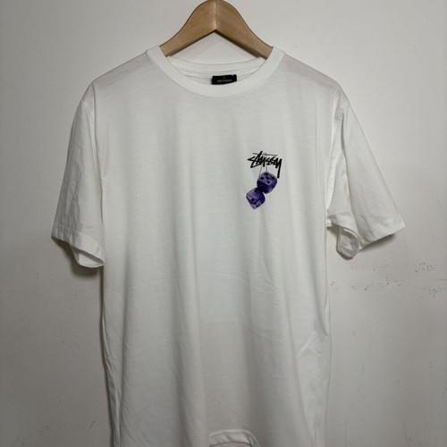 Stüssy T-shirt white with purple dice graphic, size L