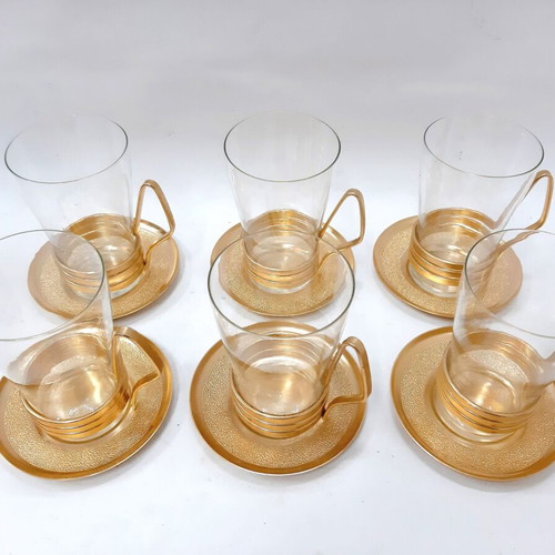 Vintage set of 6 glasses with copper bronze holders and saucers USSR 1960s like new
