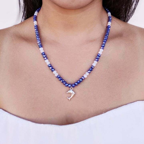 Handmade Sea Dolphin Necklace with Beads, Crystals and Silver Pendant