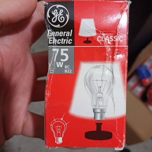 General Electric B22 75w incandescent bulb new, transparent