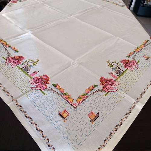 Handmade embroidered tablecloth white with multicolored flowers like new