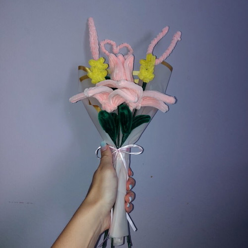 Handmade flower bouquet in pink and yellow shades