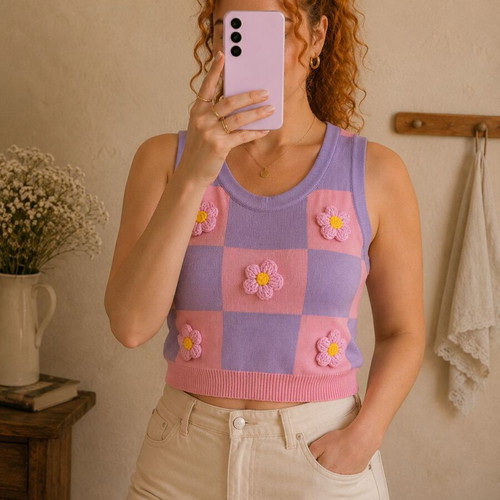 Daisy Street pink and purple knitted vest with 3D flowers new, size S/M