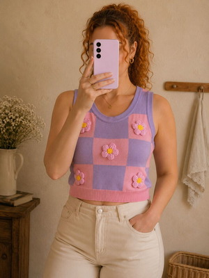 Daisy Street pink and purple knitted vest with 3D flowers new, size S/M