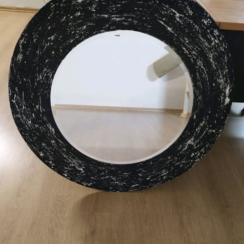 Mirror handmade wood and plaster with embossed black design, used, 70 cm diameter