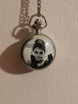 Necklace pendant with watch like new, silver with Audrey Hepburn photo