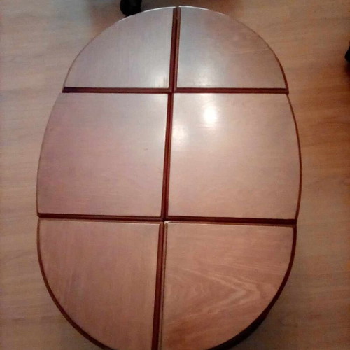 Coffee table with 6 small carved handmade stools like new, oval glass top