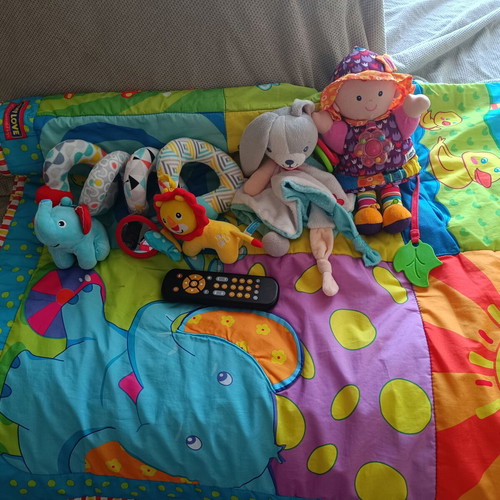 Baby toys used with Tiny Love activity mat and Lamaze, Fisher Price toys