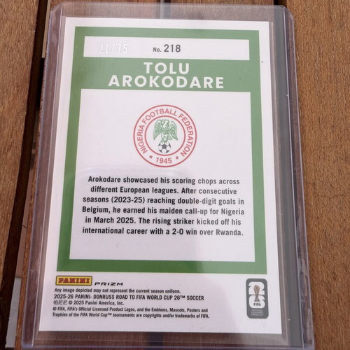 Tolu Arokodare Rookie Card Road to World Cup Panini Donruss like new