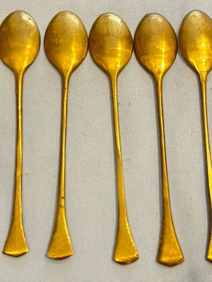 Set of 6 used brass gold-tone retro dessert spoons